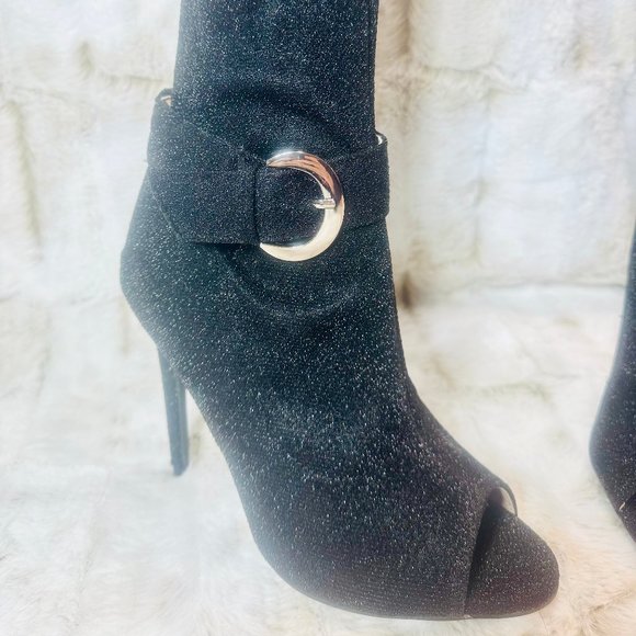 Glamour Chic Black Metallic Thread Stretch Over The Knee High Heel Boots - Picture 4 of 8